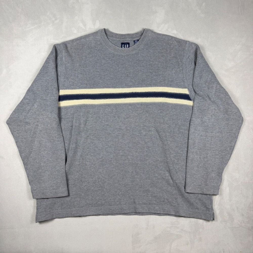 90s Mens Gap Waffle Knit Striped Long Sleeve Thermal Shirt Large